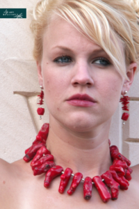 Coral necklace & earrings designed by Jest Jewelry, another creative venture by Marquette