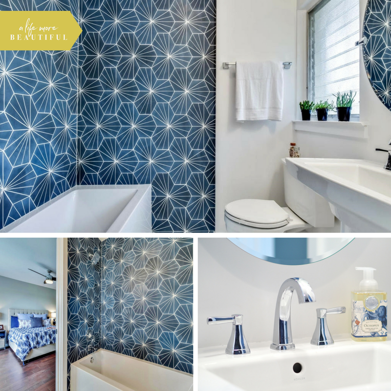 This bold and energetic marine blue bathroom was designed by A Life More Beautiful