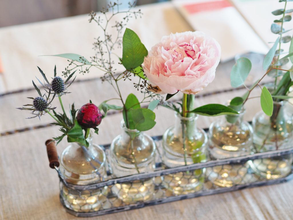 Simple peony & thistle arrangements brightened the table | ALMB